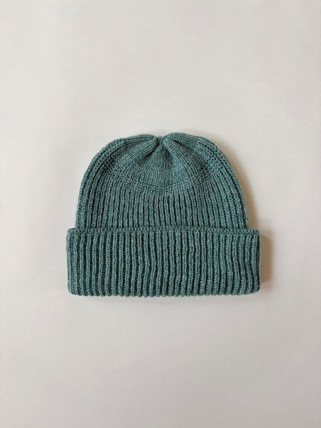 Jo Cranston's Fisherman's Rib Short Beanie in Oribe Green, soft  Scottish Lambswool