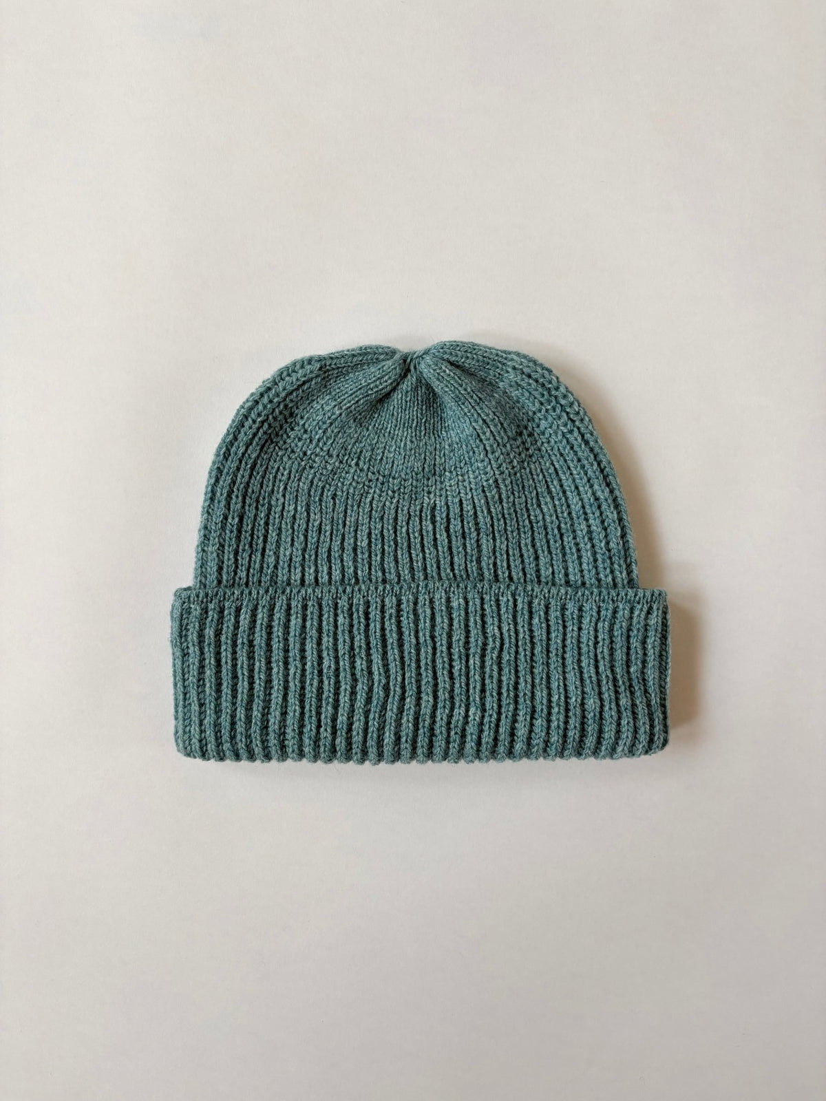 Jo Cranston's Fisherman's Rib Short Beanie in Oribe Green, soft  Scottish Lambswool