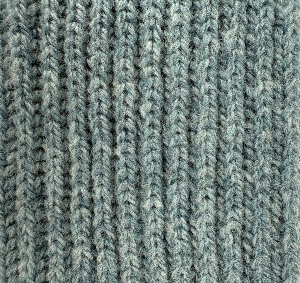 Fisherman's Rib Short Lambswool Beanie in Oribe Green - detail of stitch - Jo Cranston knitwear