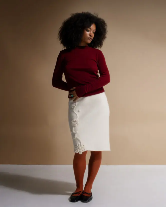 Felt Long Skirt - Cable Embroidery - Cream