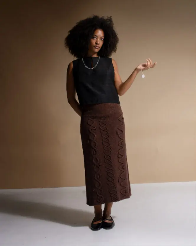 Felt Long Skirt - Cable Embroidery - Brown Marl