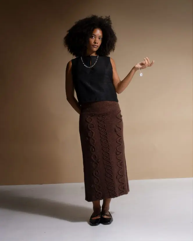 Felt Long Skirt - Cable Embroidery - Brown Marl