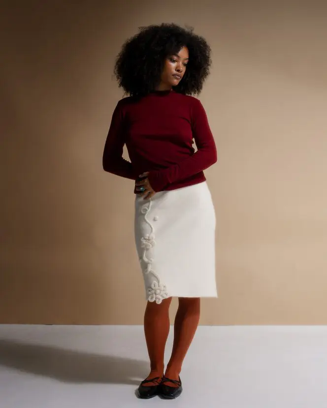 Felt Long Skirt - Cable Embroidery - Cream