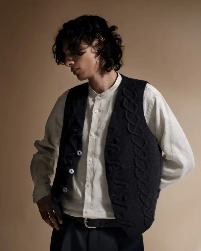 Felted Wool Waistcoat - Cable Embroidery - Charcoal
